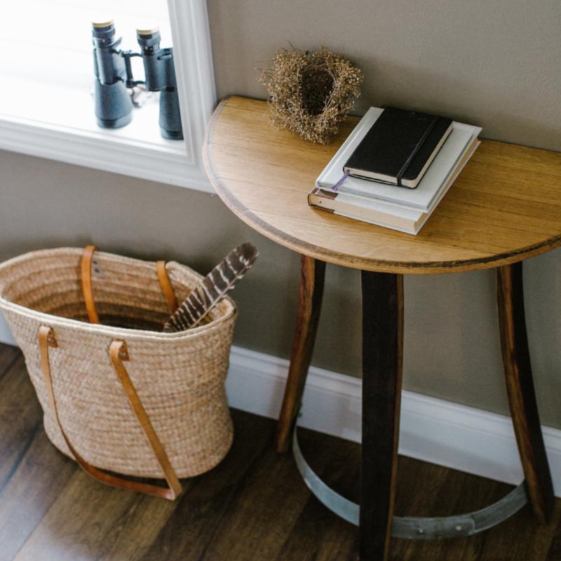 half moon wine barrel side table made from reclaimed barrel head