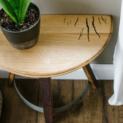 curved wine barrel side table showing reclaimed oak grain and engraved Finger Lakes