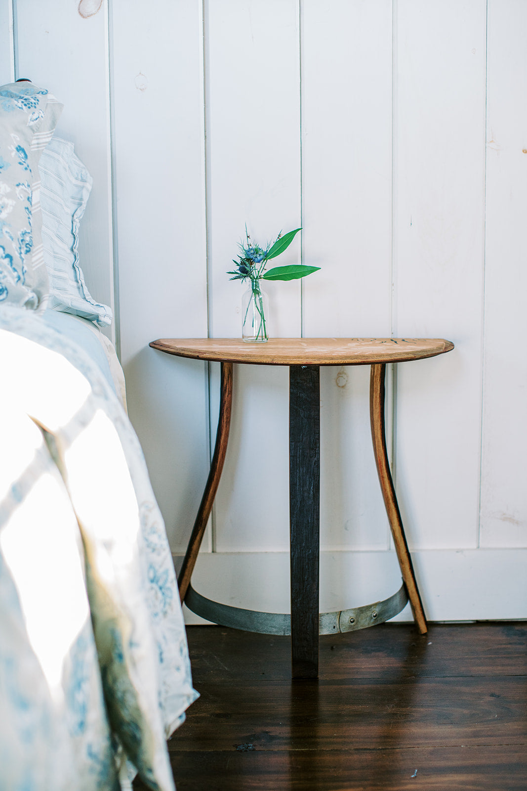 wine barrel side table base made from barrel staves and metal hoop