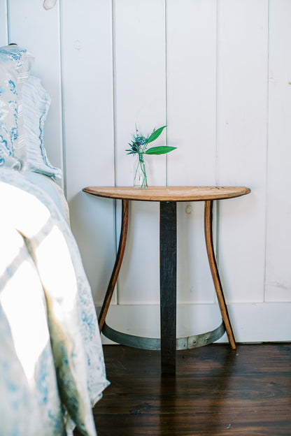 wine barrel side table base made from barrel staves and metal hoop